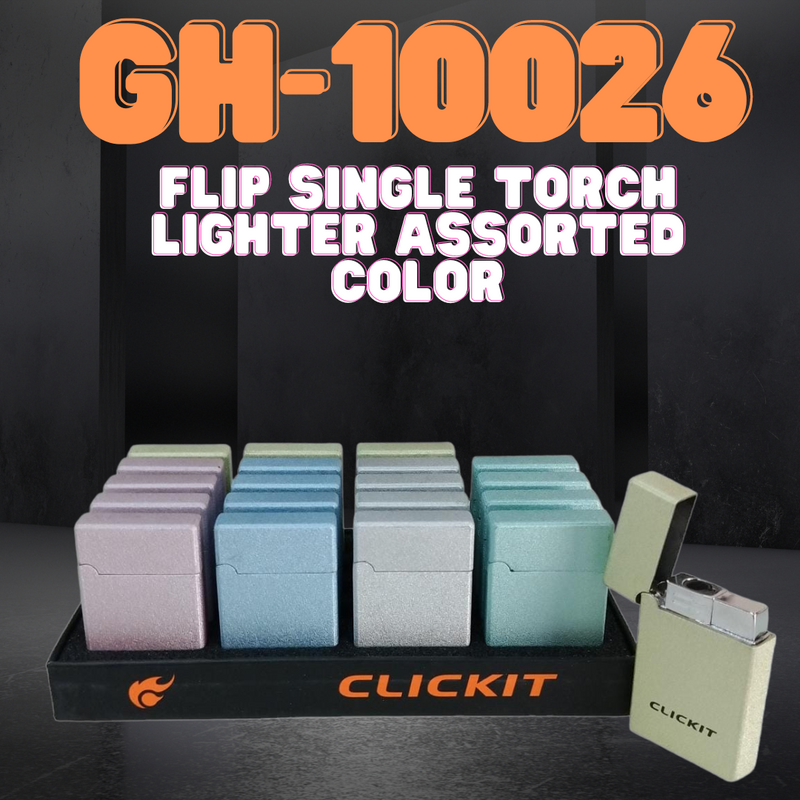 GH-10026 CLICKIT FLIP SINGLE TORCH LIGHTER ASSORTED COLOR 20CT/DISPLAY