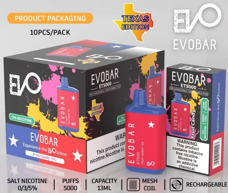 EVO BAR ET5000 TEXAS EDITION RECHARGEABLE DISPOSABLE VAPE 10CT/DISPLAY