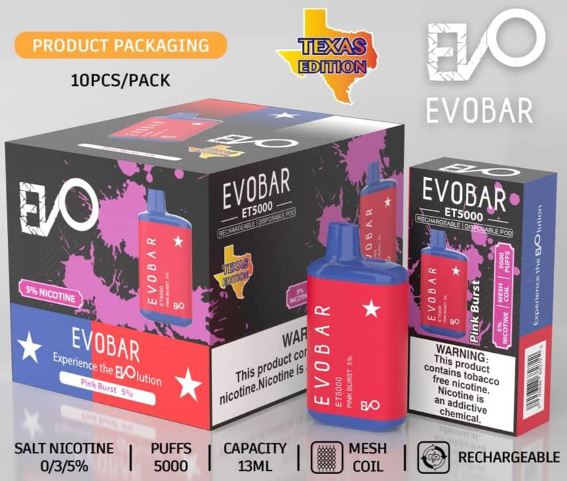 EVO BAR ET5000 TEXAS EDITION RECHARGEABLE DISPOSABLE VAPE 10CT/DISPLAY