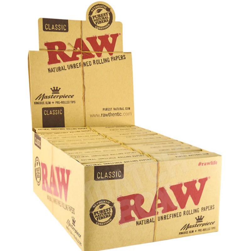 RAW CLASSIC MASTERPIECE KING SIZE SLIM+PRE ROLL TIPS 24CT/DISPLAY